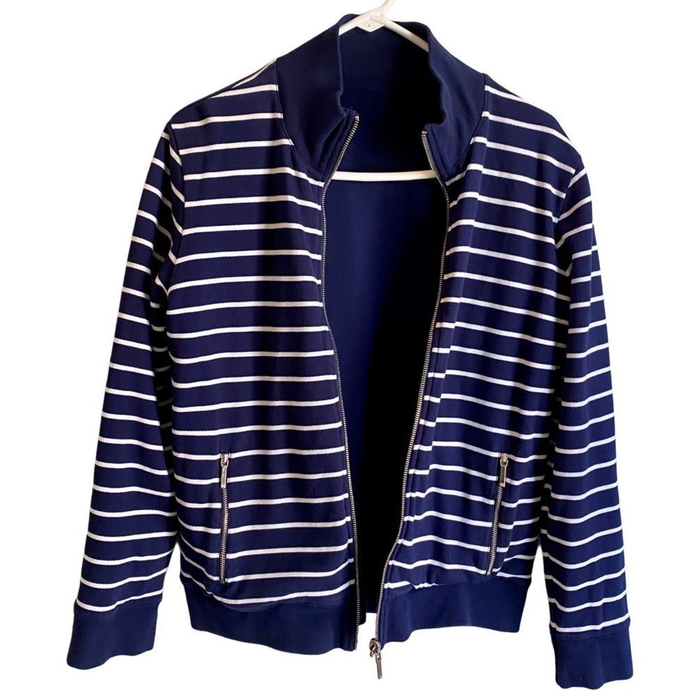 Lauren Ralph Lauren Reversible Navy White Striped Cotton Full Zip Jacket Large